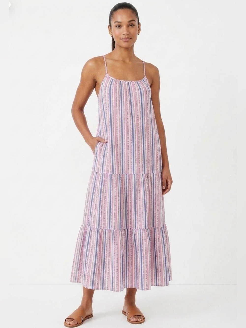 LOFT Beach Striped Tiered Maxi Dress Pink Blue woman’s Size Small